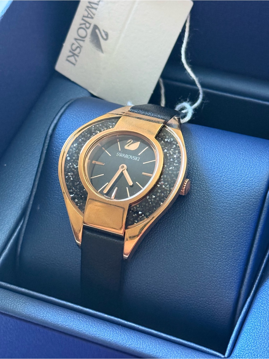 Swarovski Rose Gold Watch With Black Dial And Crystal Accents